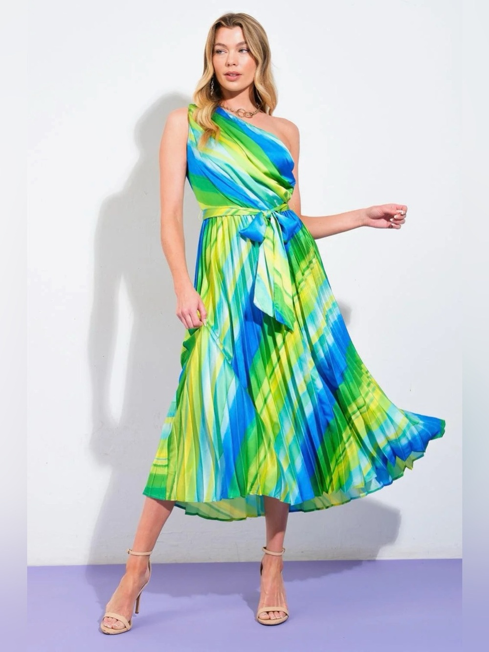 Flying Tomato Paradise Palms Colorful Pleated Ruffle Mini Dress L Summer Party